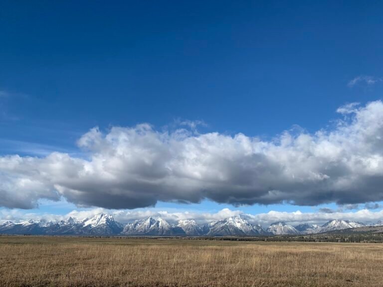 Clouds hanging above a large grassy field in the tetons with snow-capped mountains in the background